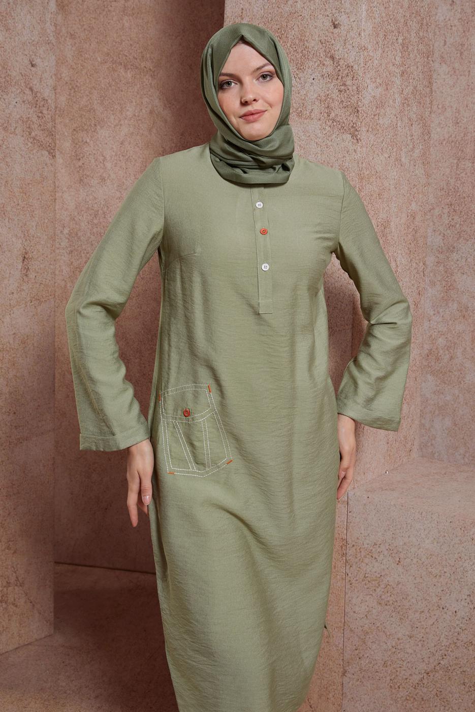 Tesettür giyim YEŞİL ALVİNA DÜĞMELİ TUNİK T 42914