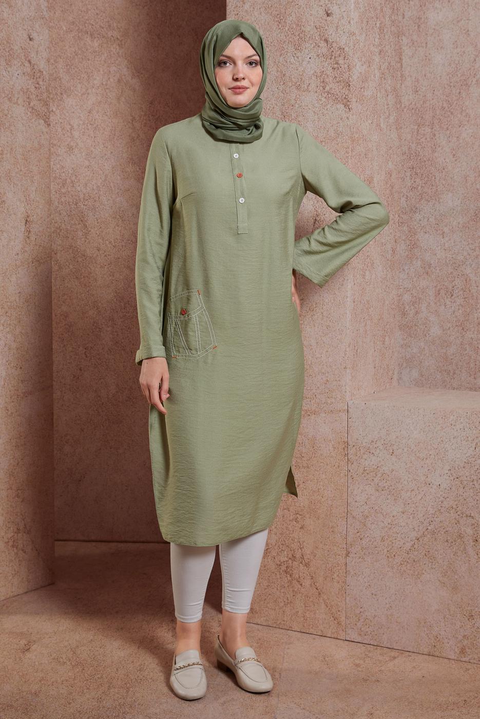 Tesettür giyim YEŞİL ALVİNA DÜĞMELİ TUNİK T 42914