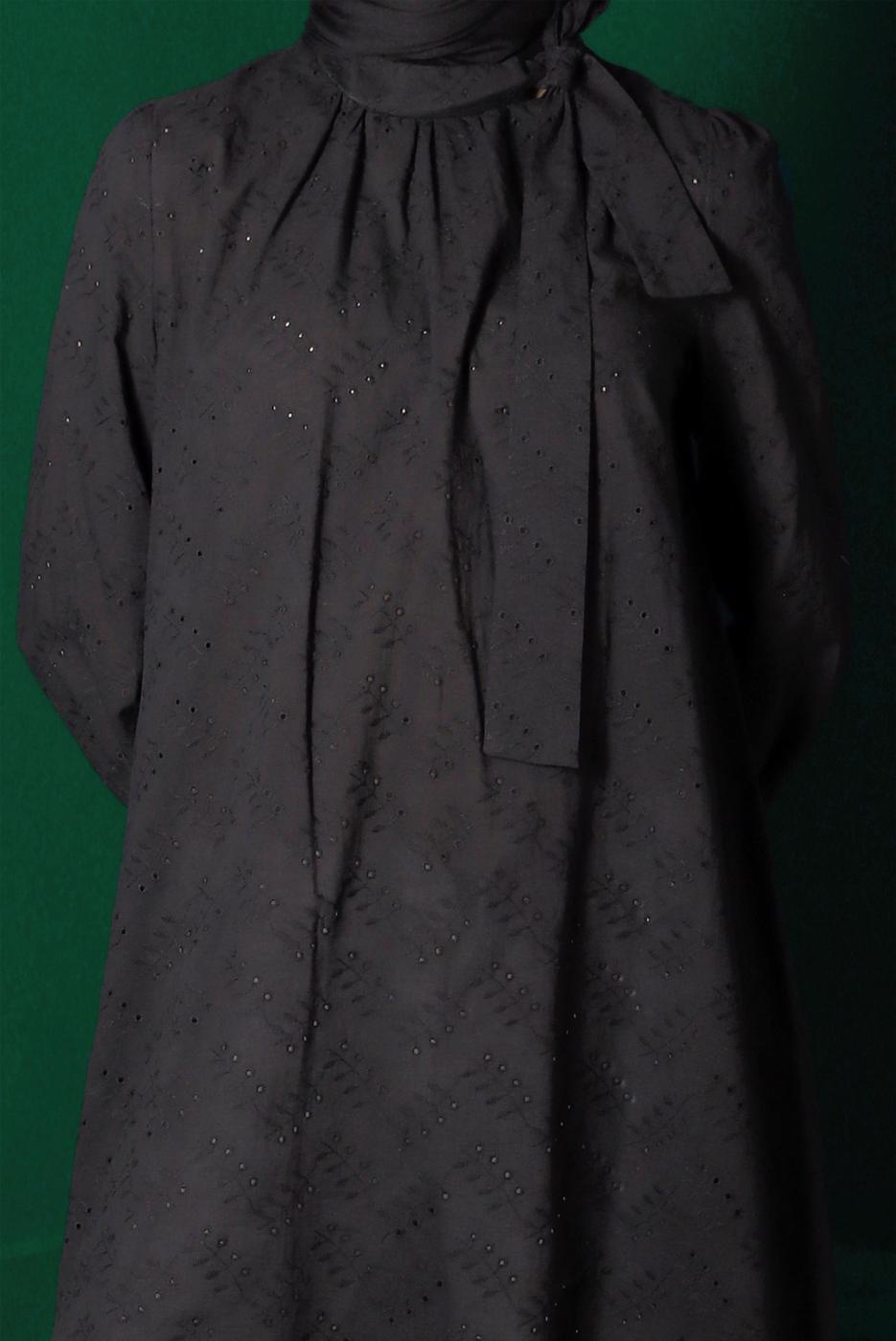 Tesettür giyim SİYAH ALVİNA BAĞLAMA DETAYLI FİSTOLU TUNİK T 42927