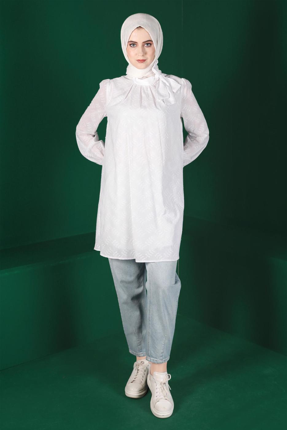 Tesettür giyim KREM ALVİNA BAĞLAMA DETAYLI FİSTOLU TUNİK T 42927