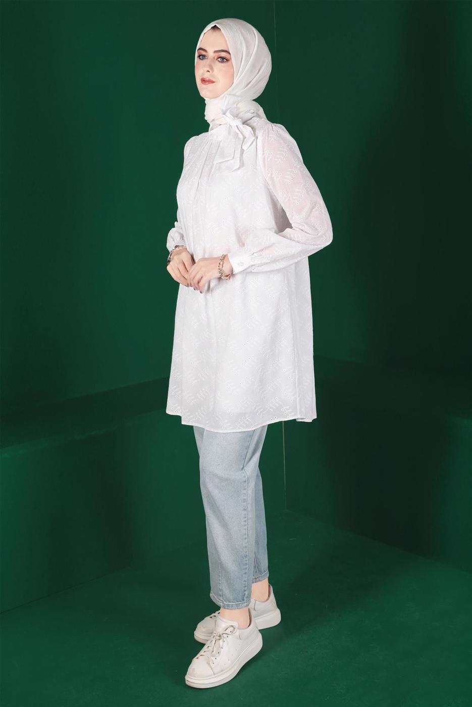 Tesettür giyim KREM ALVİNA BAĞLAMA DETAYLI FİSTOLU TUNİK T 42927