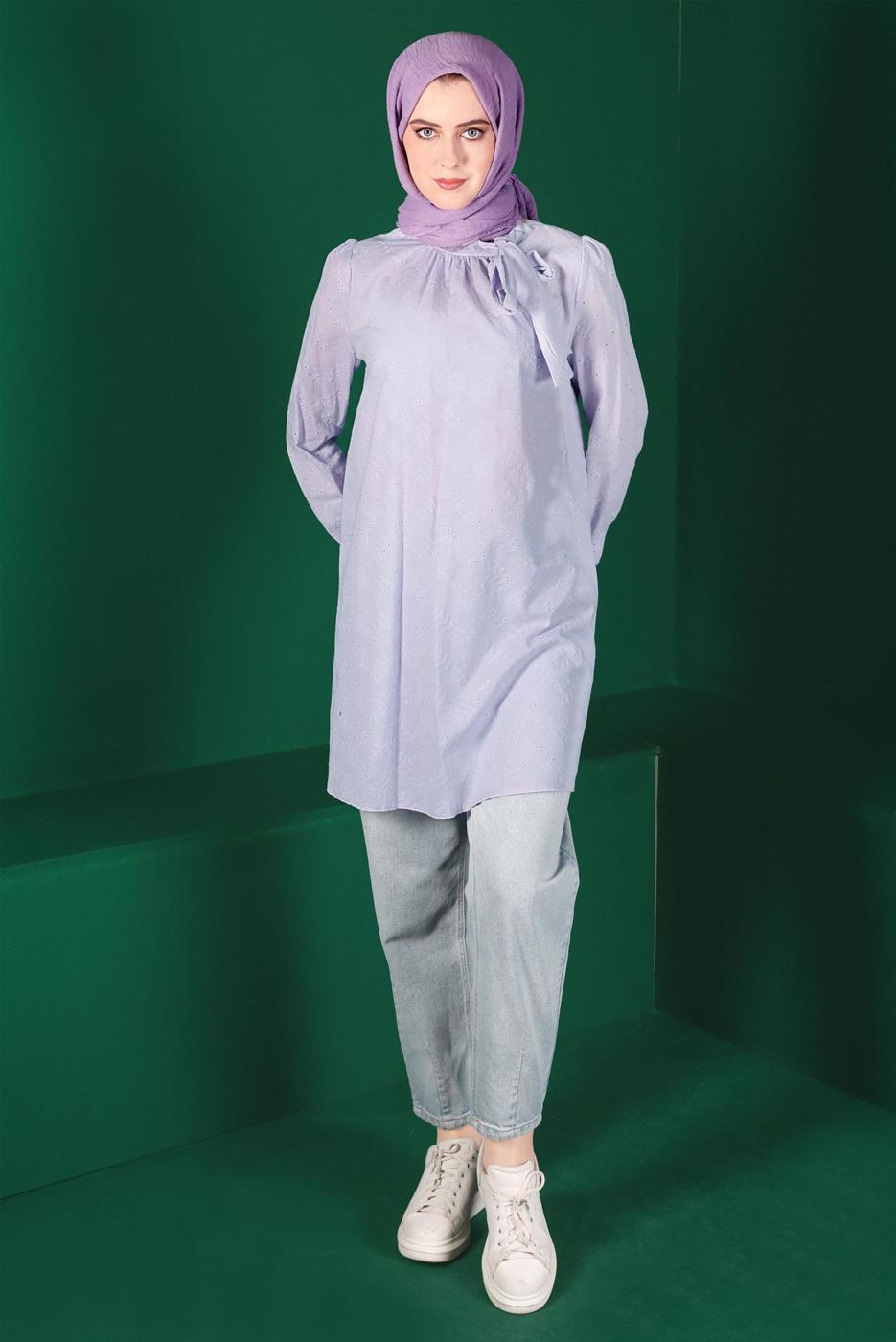 Tesettür giyim MOR ALVİNA BAĞLAMA DETAYLI FİSTOLU TUNİK T 42927