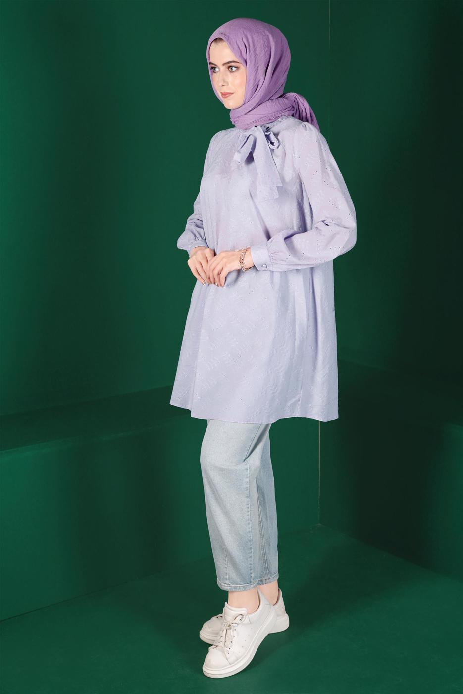 Tesettür giyim MOR ALVİNA BAĞLAMA DETAYLI FİSTOLU TUNİK T 42927