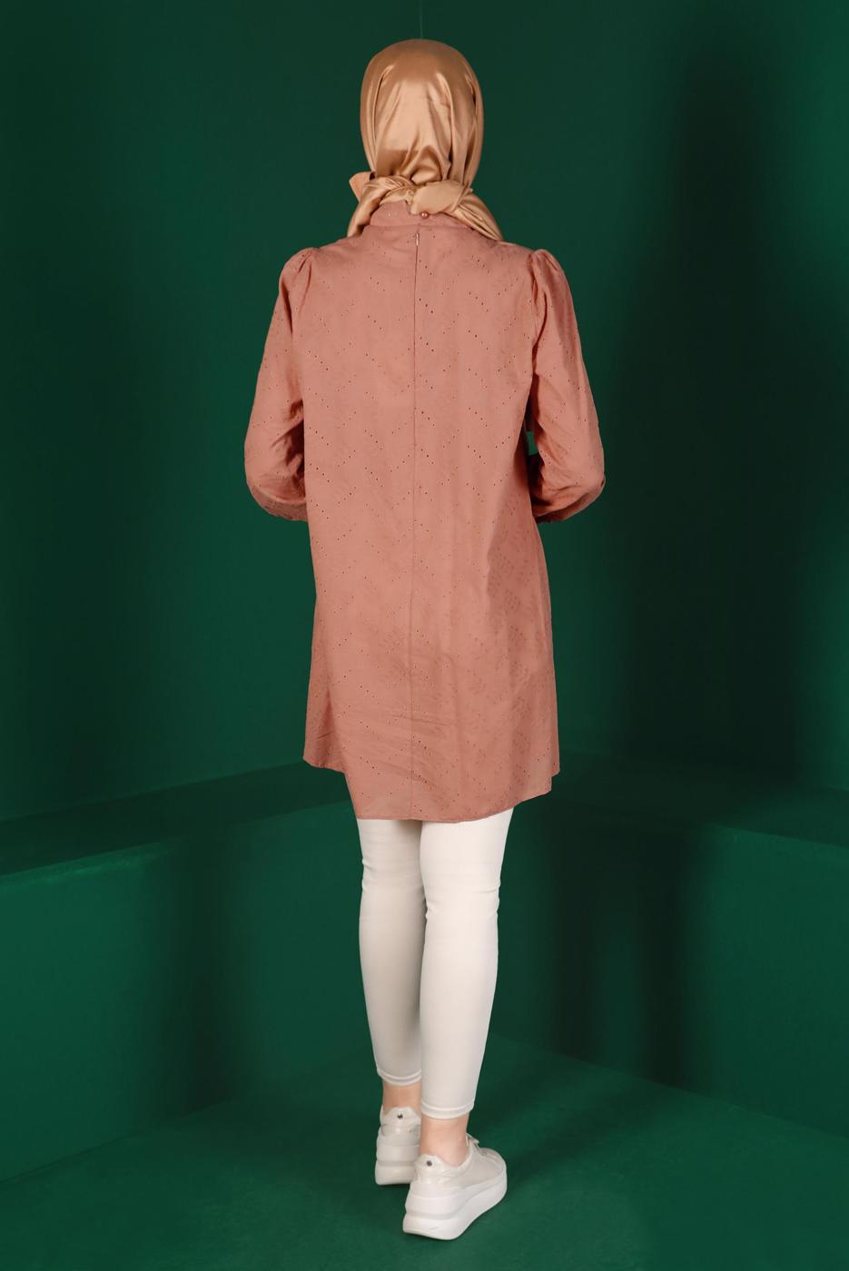 Tesettür giyim PEMBE ALVİNA BAĞLAMA DETAYLI FİSTOLU TUNİK T 42927