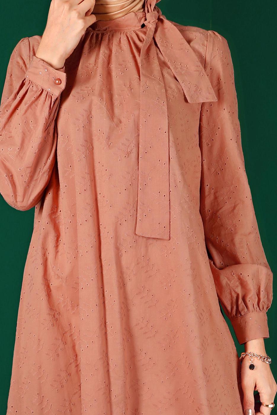 Tesettür giyim PEMBE ALVİNA BAĞLAMA DETAYLI FİSTOLU TUNİK T 42927