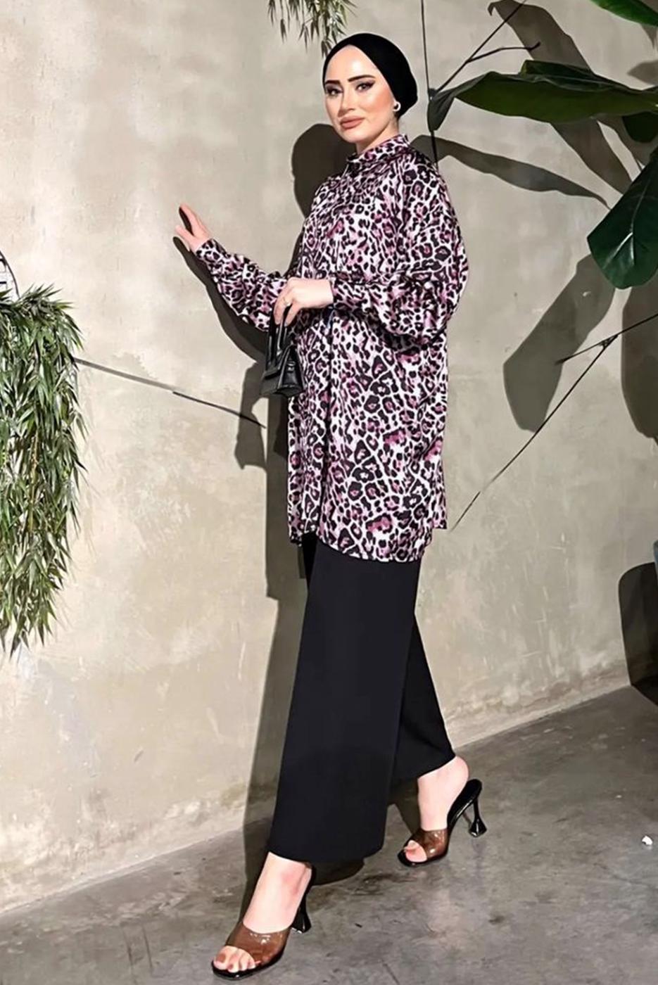 Tesettür giyim PEMBE LEOPAR DESEN SATEN TUNİK 551-1 