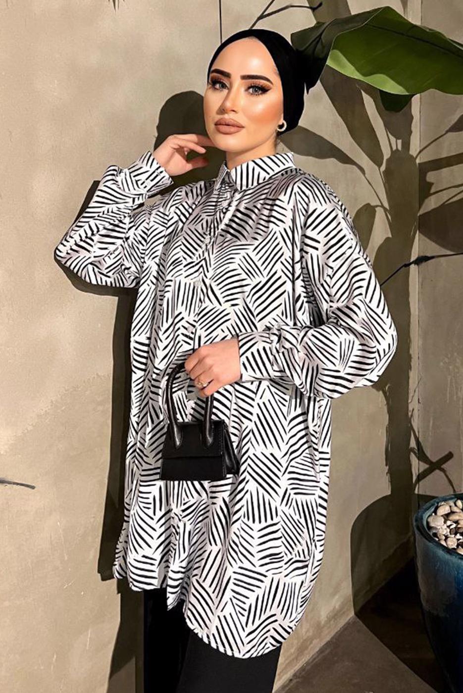 Tesettür giyim BEYAZ ÇİZGİLİ SATEN TUNİK 551-2