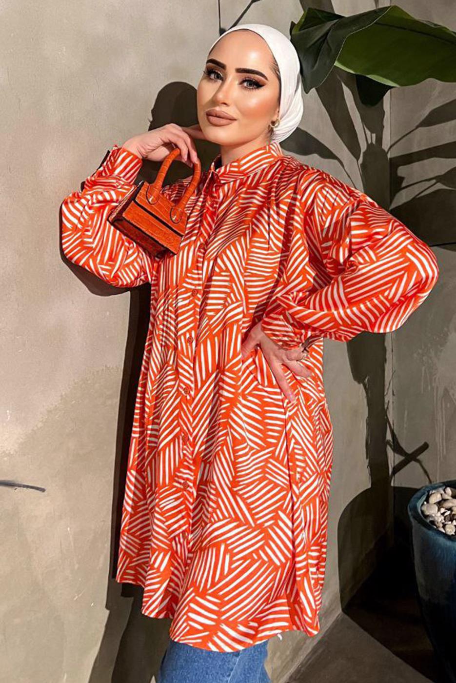 Tesettür giyim TURUNCU ÇİZGİLİ SATEN TUNİK 551-2