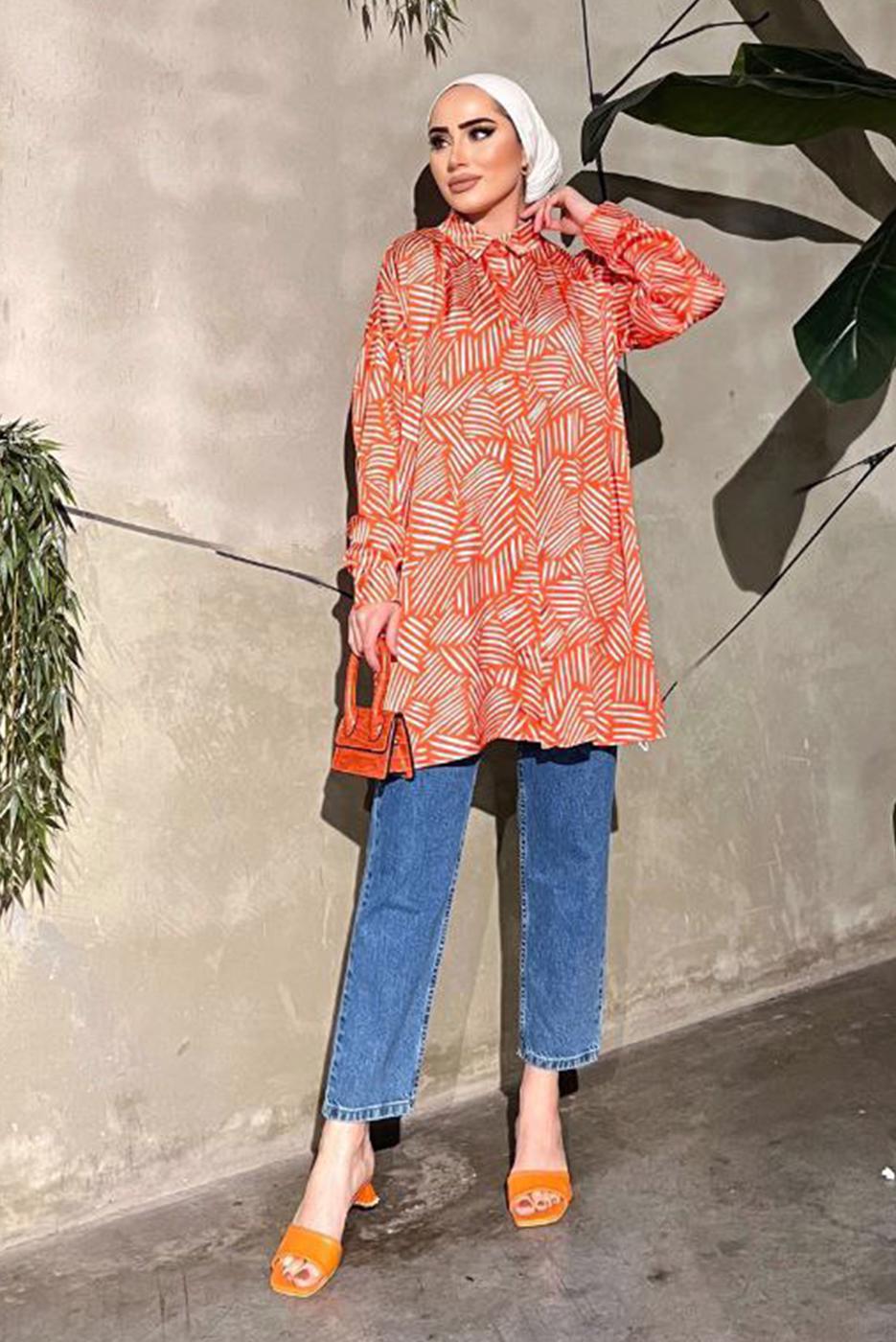 Tesettür giyim TURUNCU ÇİZGİLİ SATEN TUNİK 551-2
