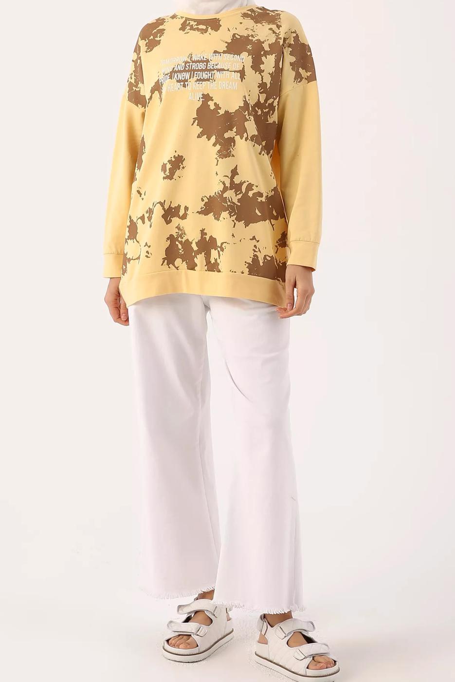 Vêtements hijab JAUNE TIE-DYE IMPRIMÉ SLOGAN TUNIQUE 62001