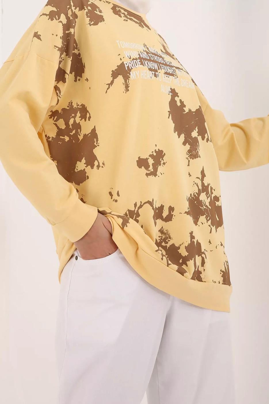 Vêtements hijab JAUNE TIE-DYE IMPRIMÉ SLOGAN TUNIQUE 62001