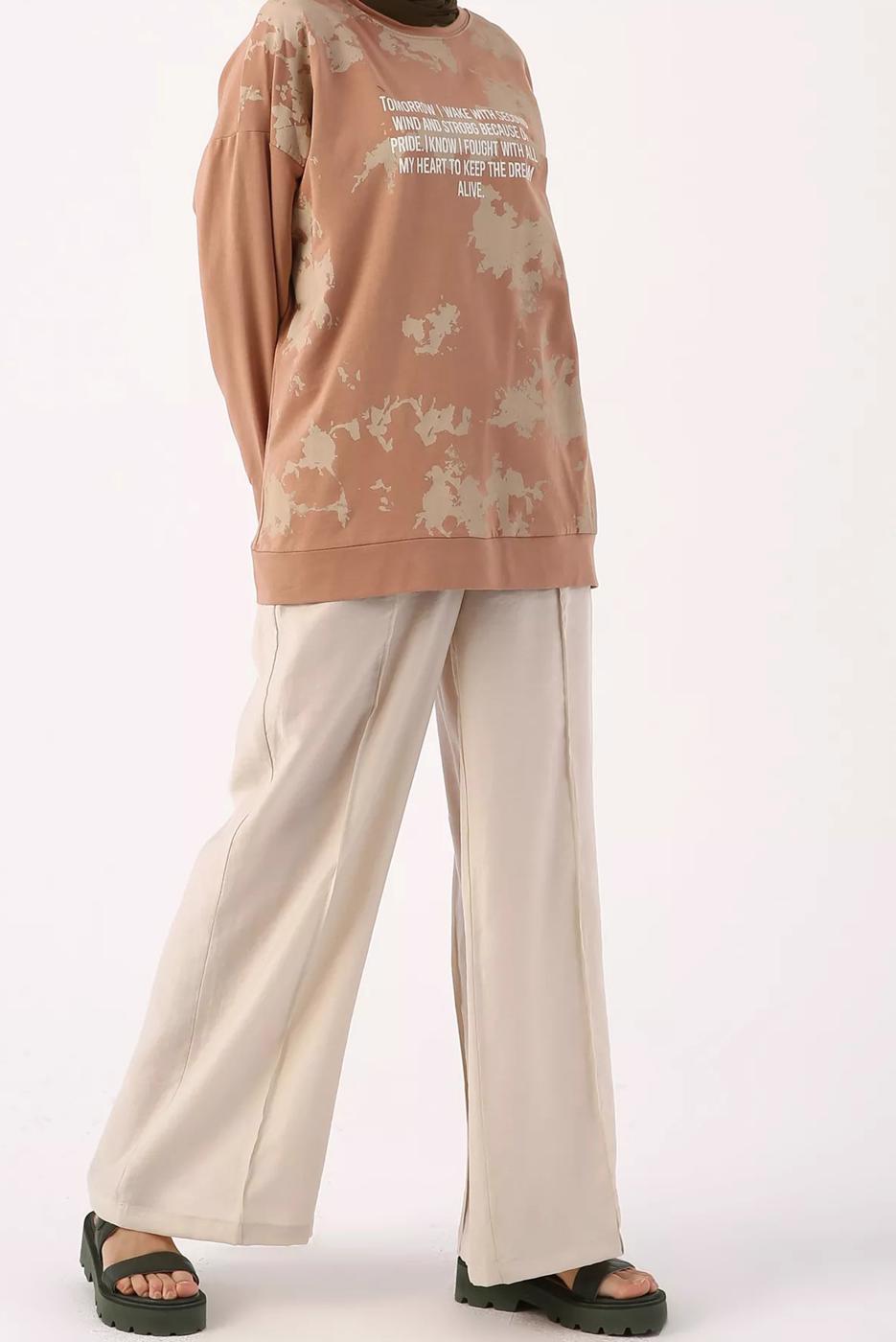 Hijab clothing BROWN TIE-DYE SLOGAN PRINT DETAIL TUNIC 62001 