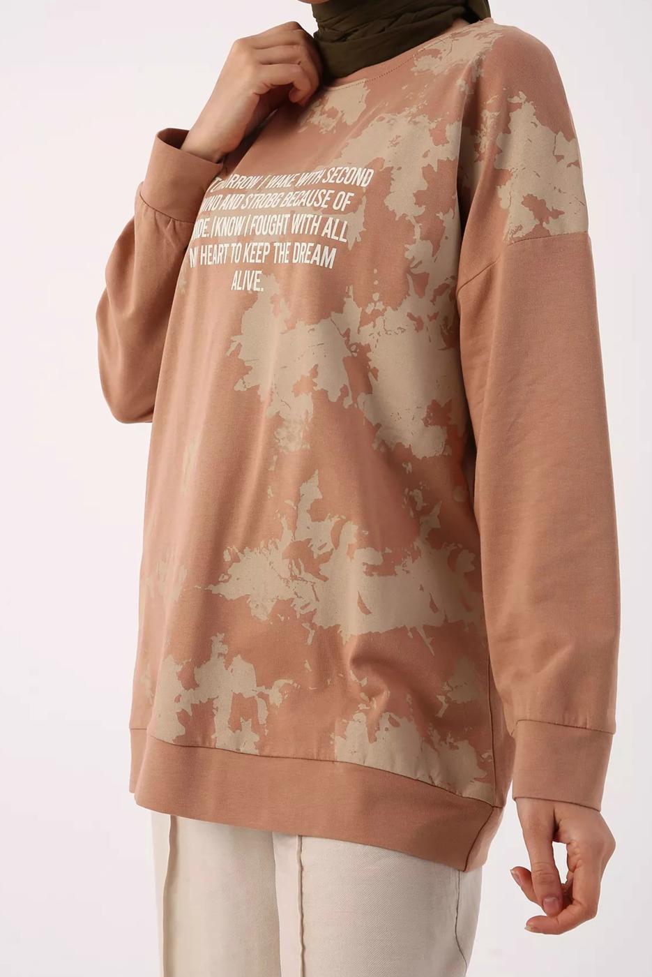Hijab clothing BROWN TIE-DYE SLOGAN PRINT DETAIL TUNIC 62001 