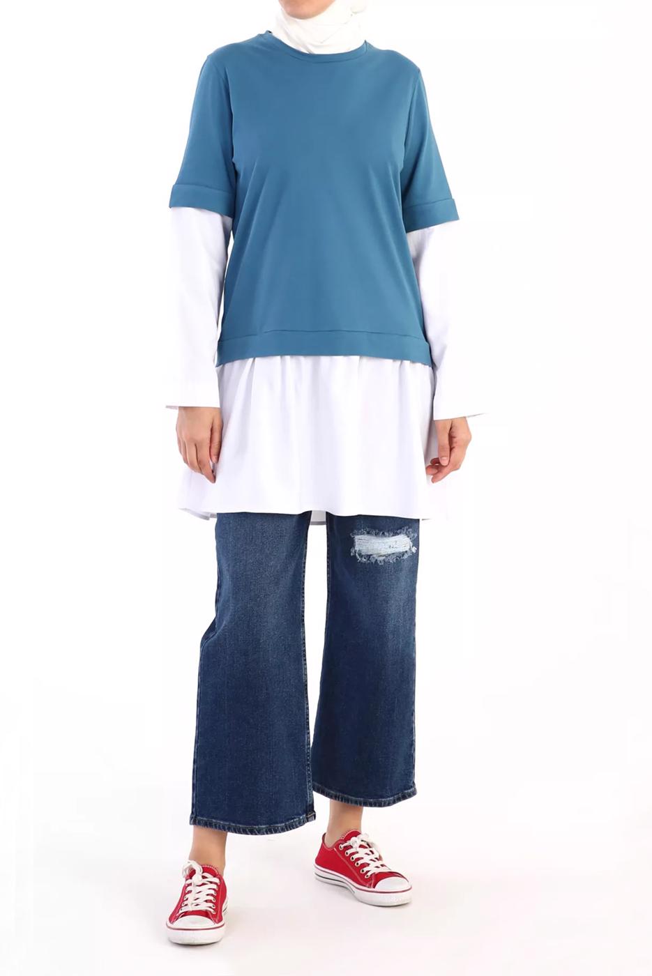 Tesettür giyim MAVİ İKİ RENK TUNİK 66005 