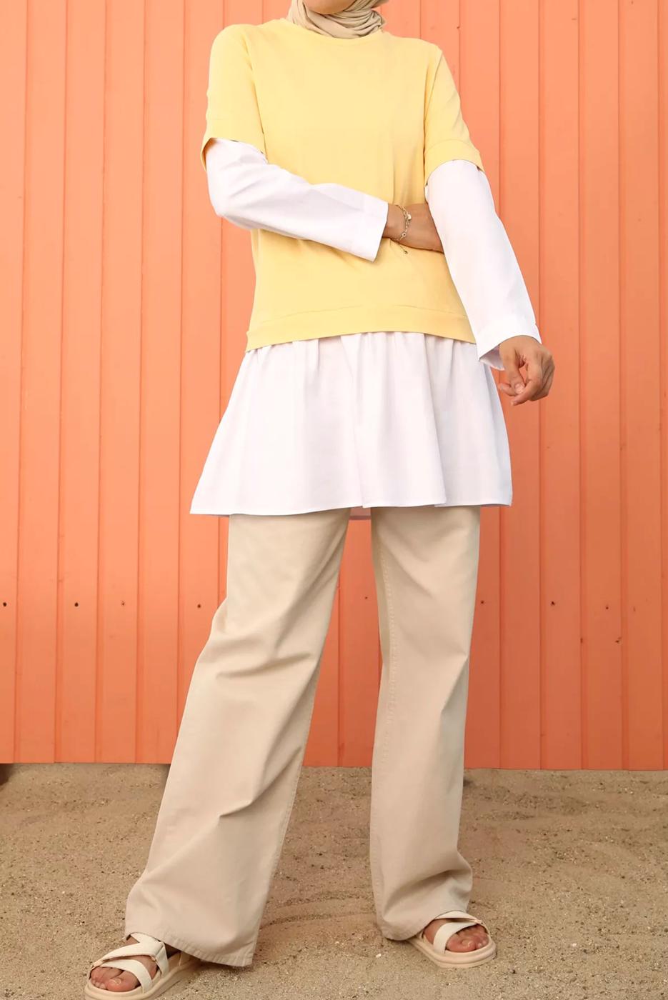 Tesettür giyim SARI İKİ RENK TUNİK 66005 