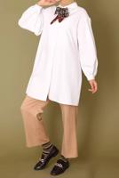 Tesettür giyim BEYAZ GİZLİ DÜĞMELİ BALON KOL TUNİK 66015 