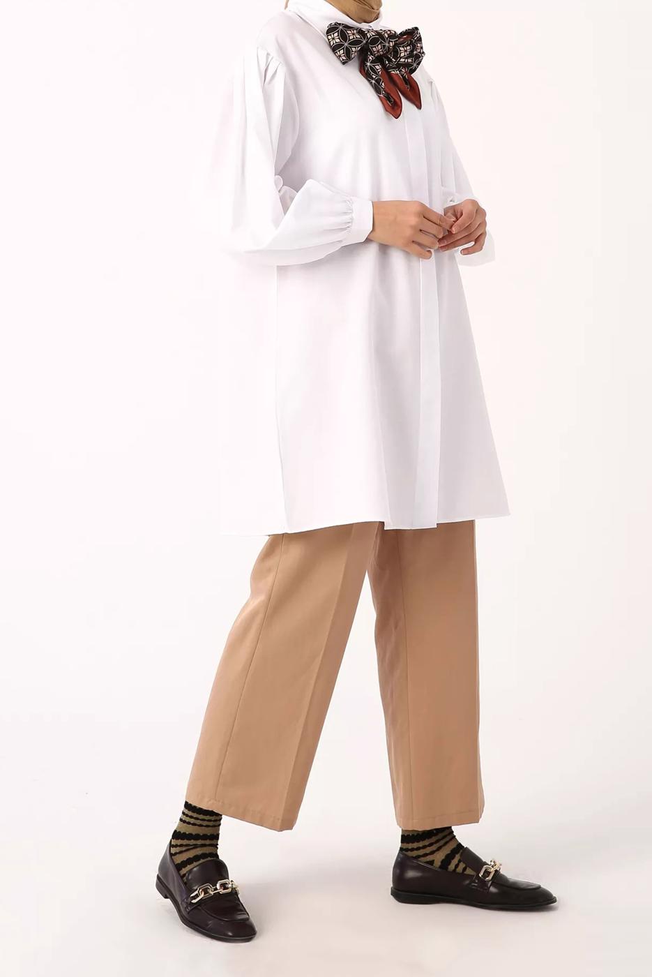 Tesettür giyim BEYAZ GİZLİ DÜĞMELİ BALON KOL TUNİK 66015 