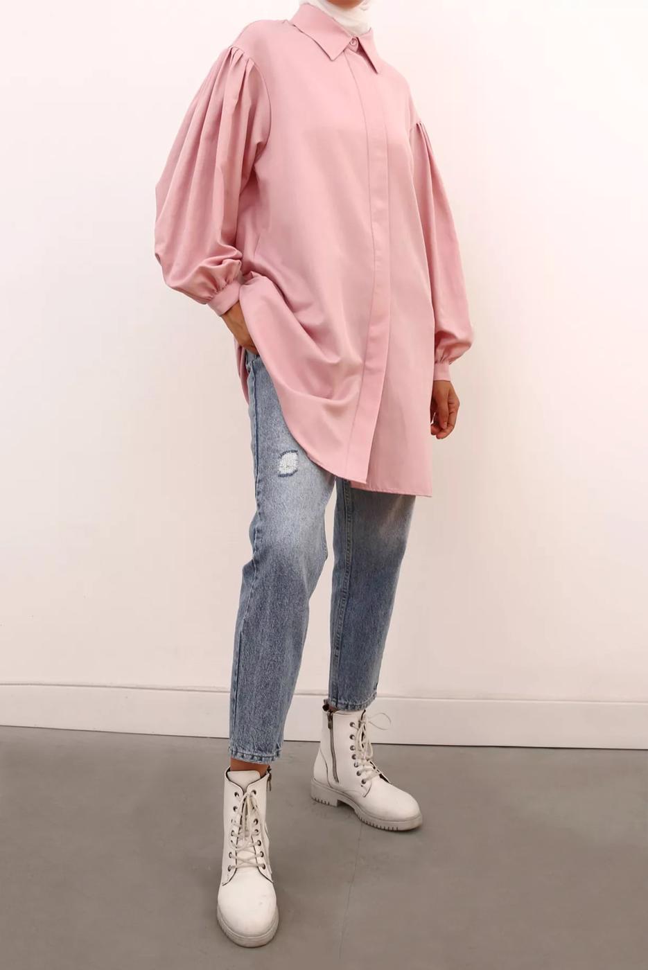 Tesettür giyim PEMBE GİZLİ DÜĞMELİ BALON KOL TUNİK 66015 