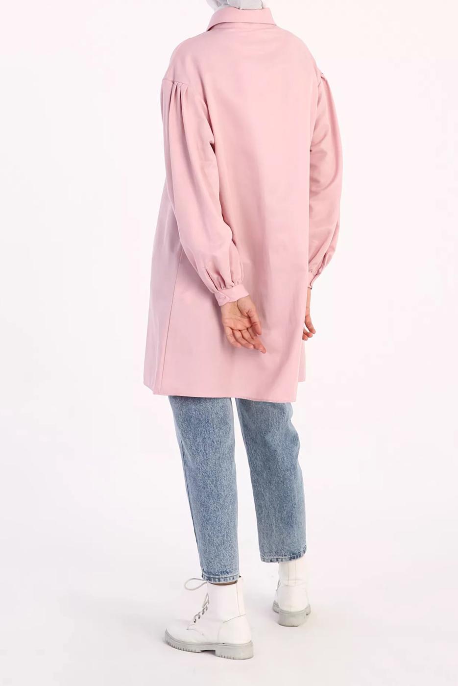 Tesettür giyim PEMBE GİZLİ DÜĞMELİ BALON KOL TUNİK 66015 