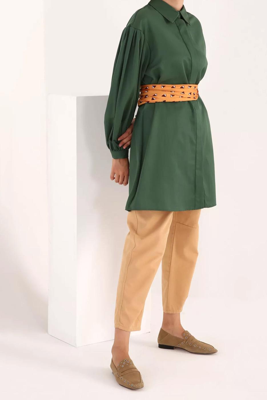 Tesettür giyim YEŞİL GİZLİ DÜĞMELİ BALON KOL TUNİK 66015 