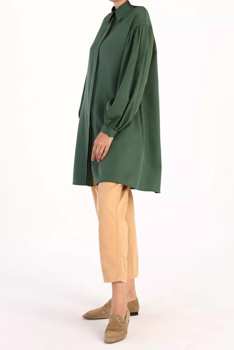 Tesettür giyim YEŞİL GİZLİ DÜĞMELİ BALON KOL TUNİK 66015 