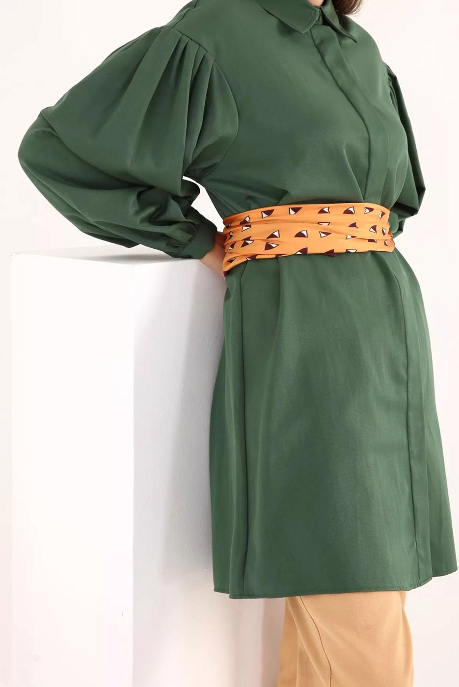 Tesettür giyim YEŞİL GİZLİ DÜĞMELİ BALON KOL TUNİK 66015 