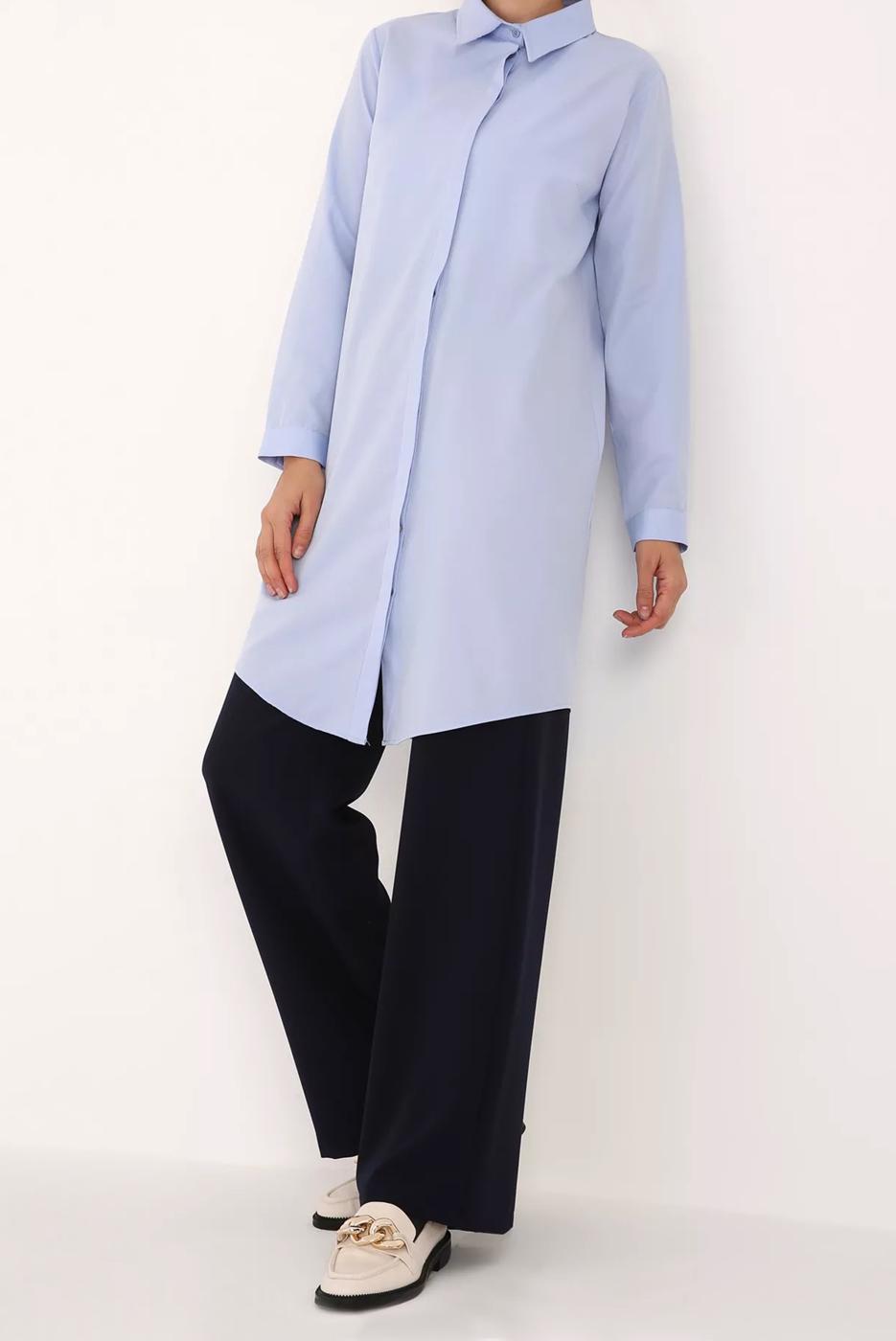 Tesettür giyim MAVİ GİZLİ DÜĞMELİ BASIC TUNİK 70015 