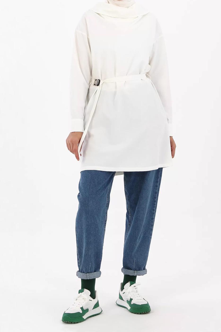 Tesettür giyim EKRU KUŞAKLI TUNİK 70105 