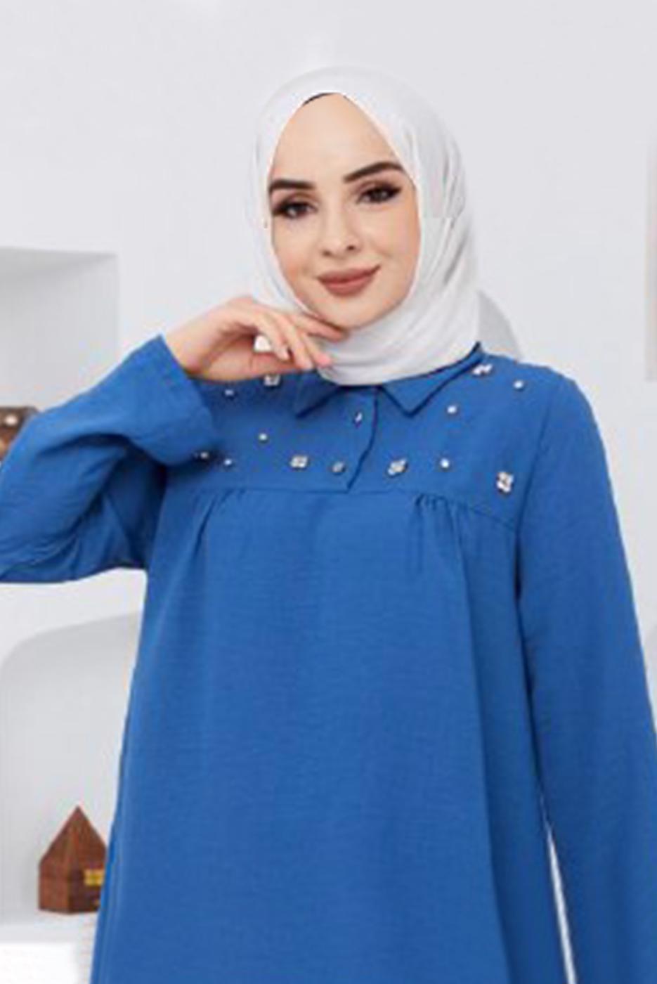 Vêtements hijab BLEU MARINE TUNIQUE DÉTAIL GEM 7381