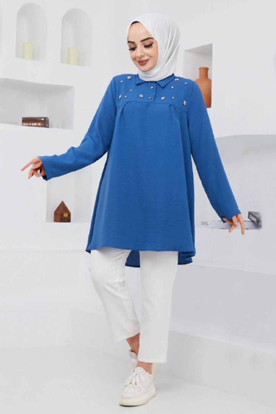 Vêtements hijab BLEU MARINE TUNIQUE DÉTAIL GEM 7381