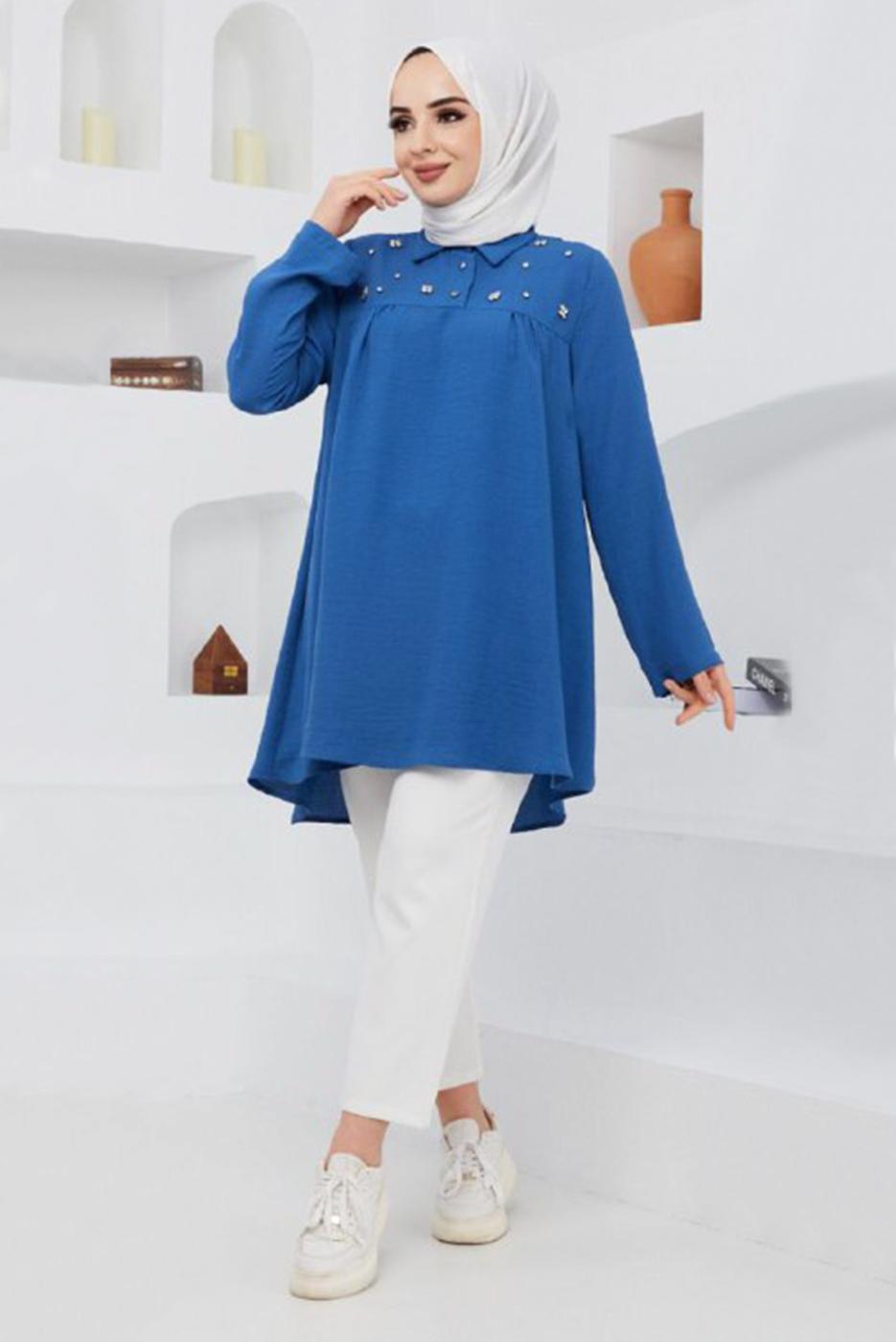 Vêtements hijab BLEU MARINE TUNIQUE DÉTAIL GEM 7381