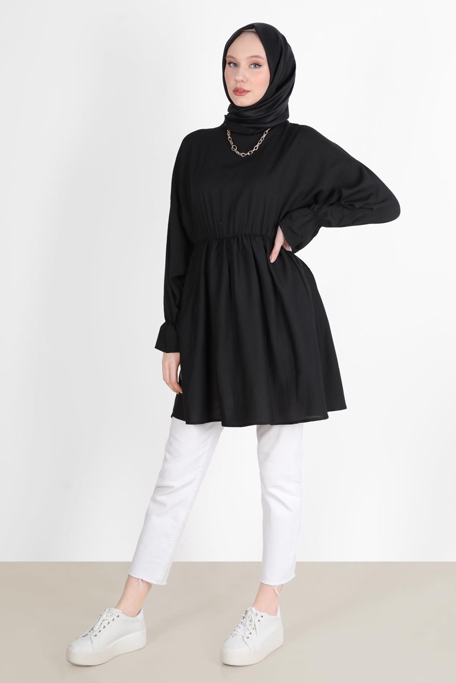 Tesettür giyim SİYAH BELİ VE MANŞETLERİ LASTİKLİ TUNİK 7550