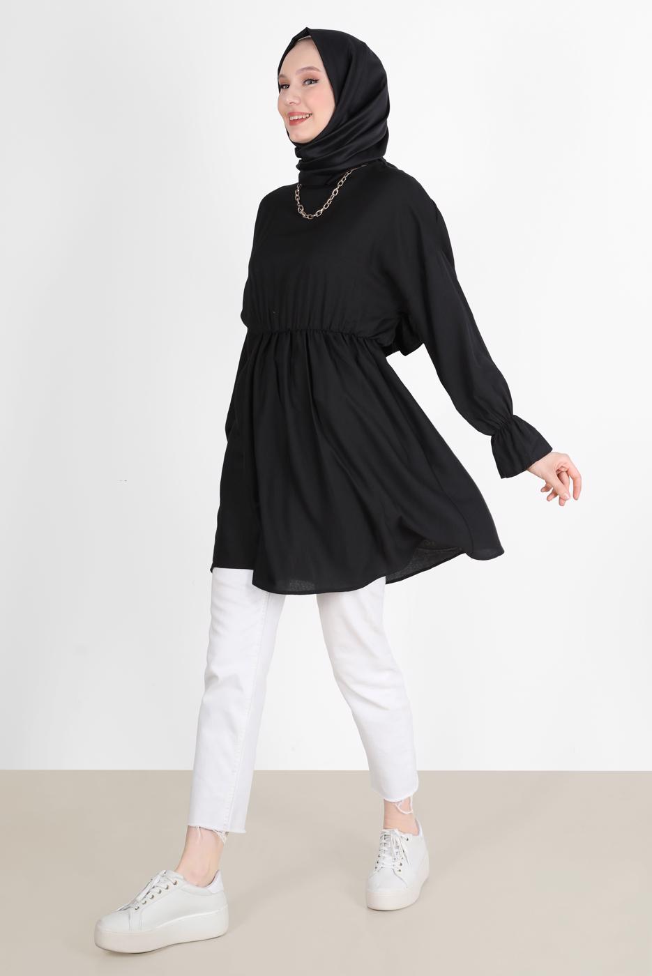 Tesettür giyim SİYAH BELİ VE MANŞETLERİ LASTİKLİ TUNİK 7550