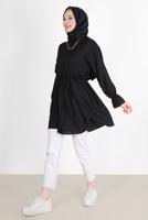 Tesettür giyim SİYAH BELİ VE MANŞETLERİ LASTİKLİ TUNİK 7550