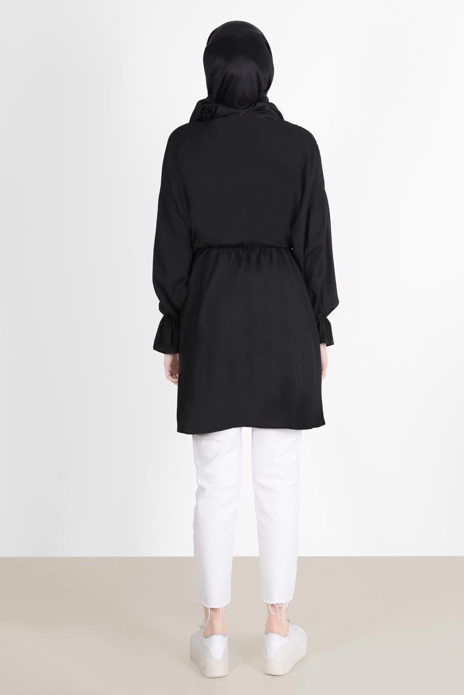 Tesettür giyim SİYAH BELİ VE MANŞETLERİ LASTİKLİ TUNİK 7550