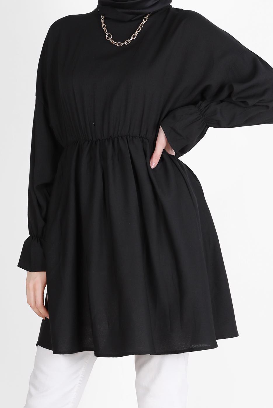 Tesettür giyim SİYAH BELİ VE MANŞETLERİ LASTİKLİ TUNİK 7550