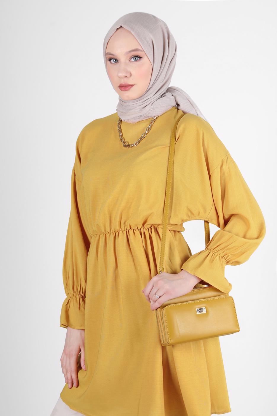 Tesettür giyim TURUNCU BELİ VE MANŞETLERİ LASTİKLİ TUNİK 7550 