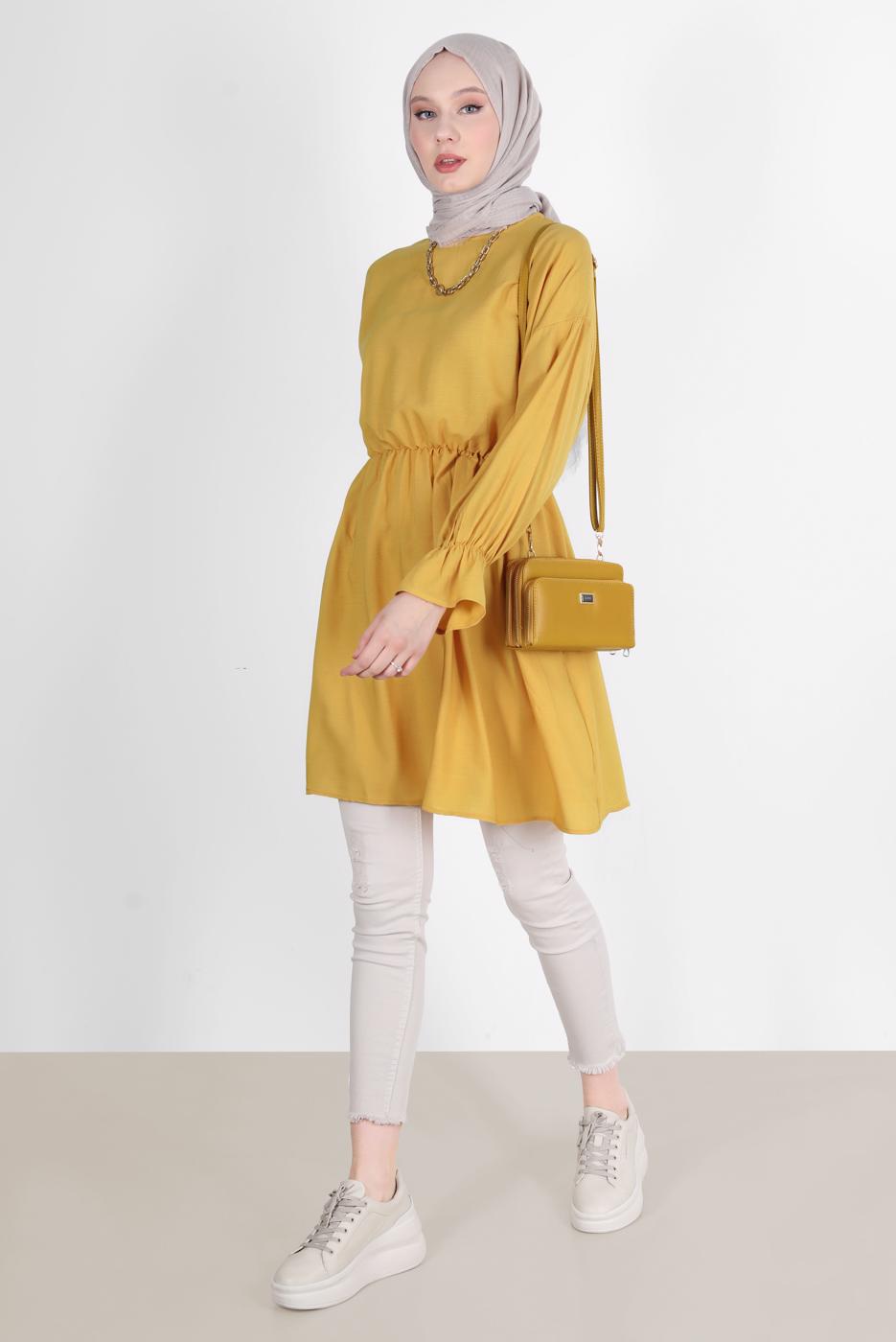 Tesettür giyim TURUNCU BELİ VE MANŞETLERİ LASTİKLİ TUNİK 7550 