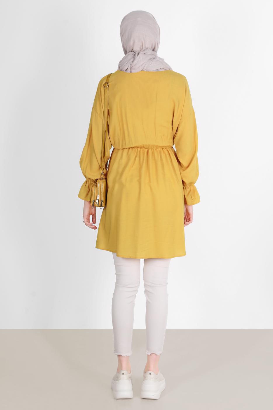 Tesettür giyim TURUNCU BELİ VE MANŞETLERİ LASTİKLİ TUNİK 7550 