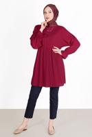 Tesettür giyim BORDO BELİ VE MANŞETLERİ LASTİKLİ TUNİK 7550 