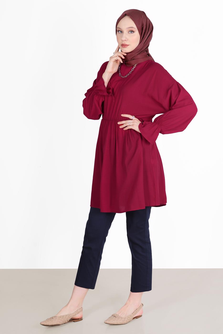Tesettür giyim BORDO BELİ VE MANŞETLERİ LASTİKLİ TUNİK 7550 