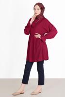 Tesettür giyim BORDO BELİ VE MANŞETLERİ LASTİKLİ TUNİK 7550 