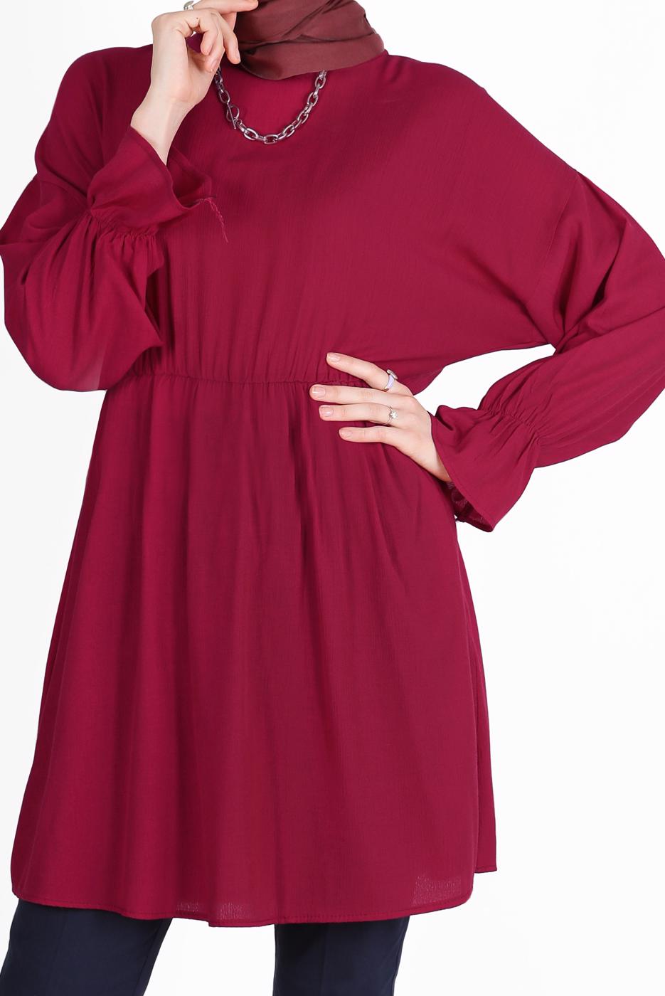 Tesettür giyim BORDO BELİ VE MANŞETLERİ LASTİKLİ TUNİK 7550 