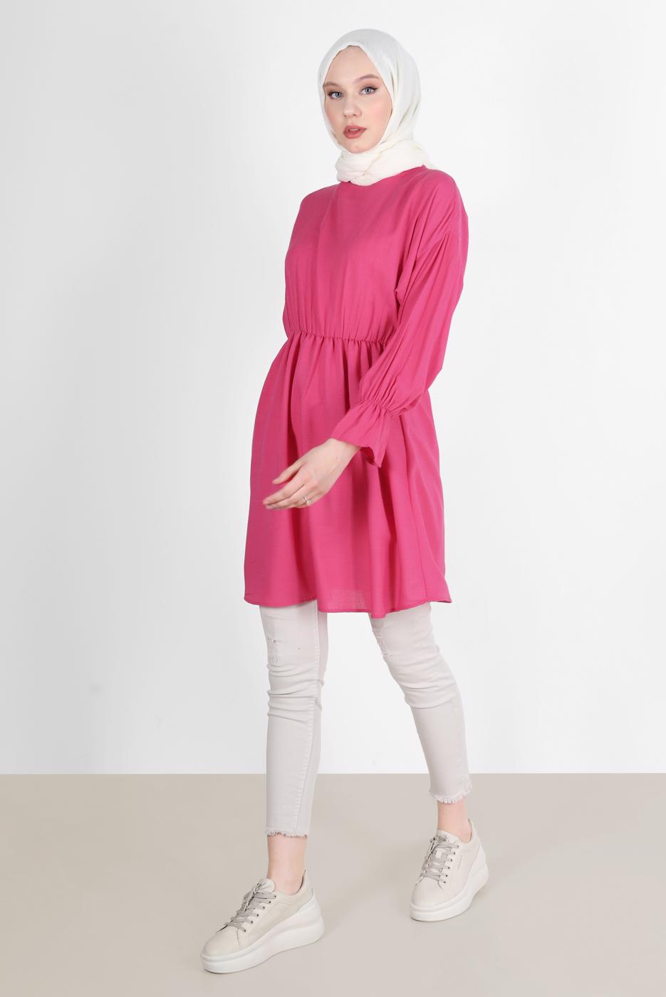 Tesettür giyim PEMBE BELİ VE MANŞETLERİ LASTİKLİ TUNİK 7550 