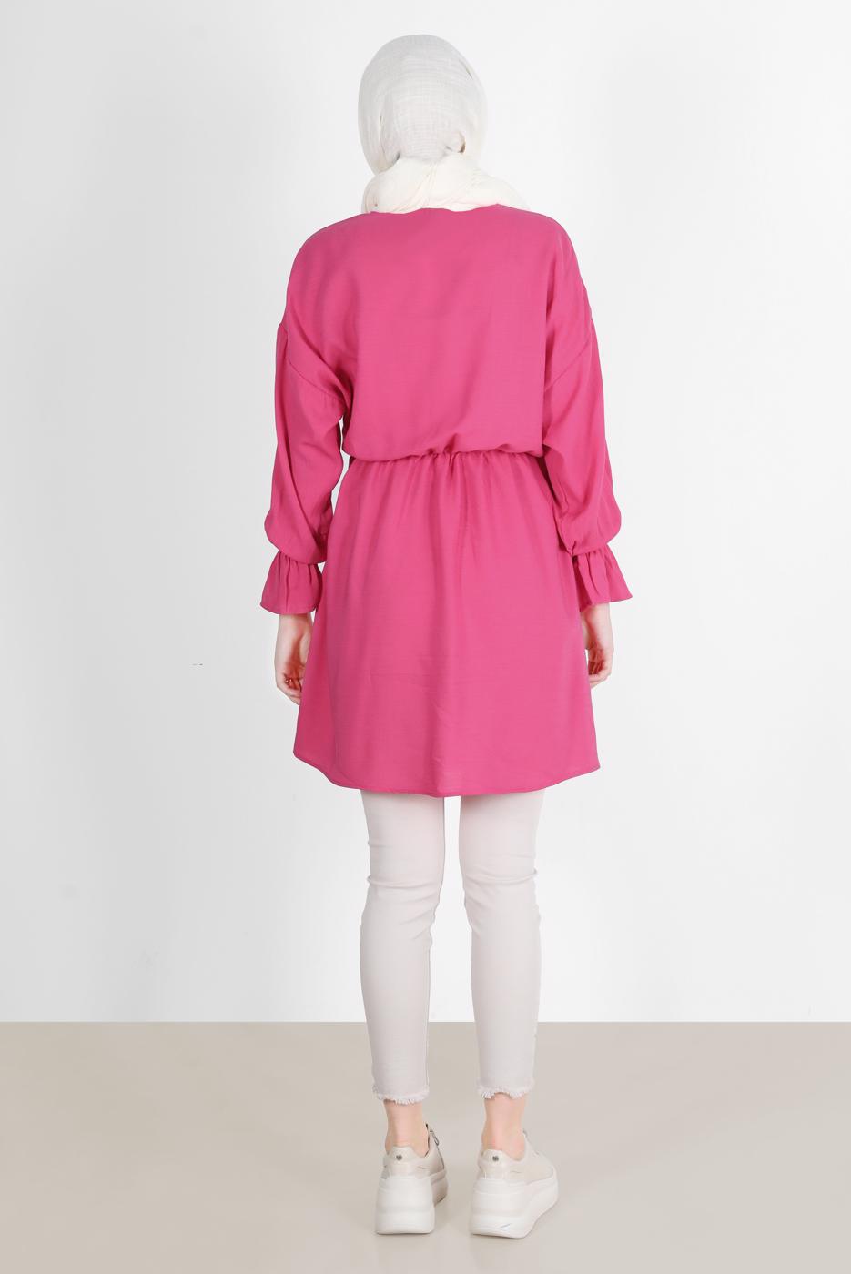 Tesettür giyim PEMBE BELİ VE MANŞETLERİ LASTİKLİ TUNİK 7550 