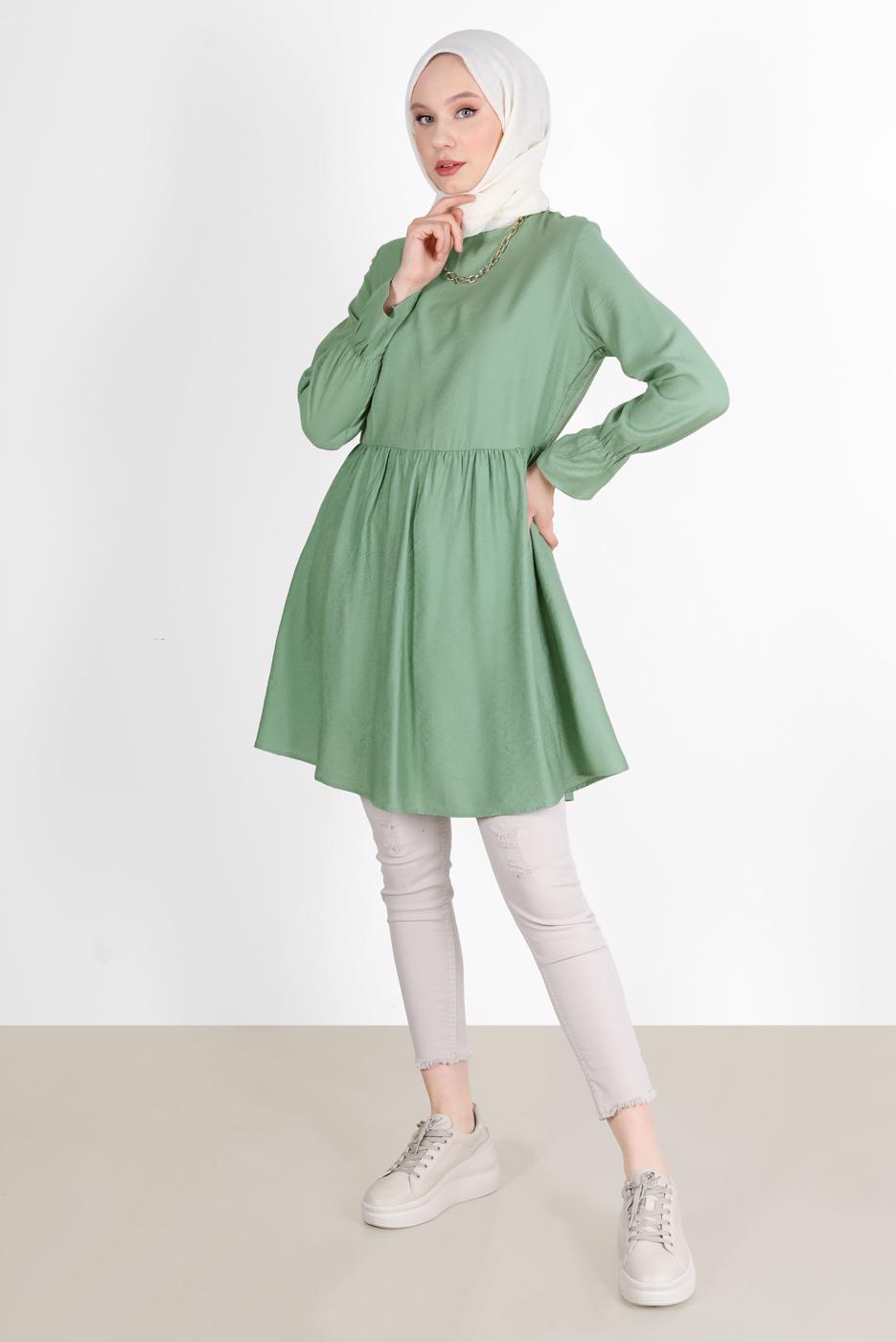 Tesettür giyim YEŞİL BELİ VE MANŞETLERİ LASTİKLİ TUNİK 7550 