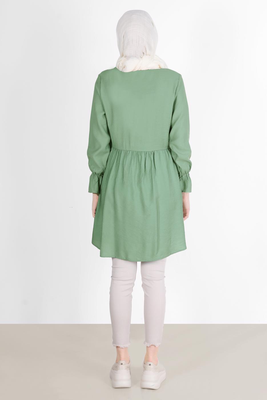 Tesettür giyim YEŞİL BELİ VE MANŞETLERİ LASTİKLİ TUNİK 7550 