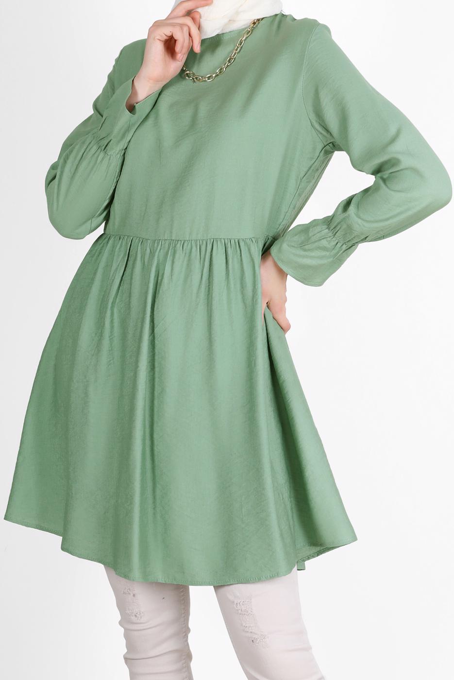 Tesettür giyim YEŞİL BELİ VE MANŞETLERİ LASTİKLİ TUNİK 7550 