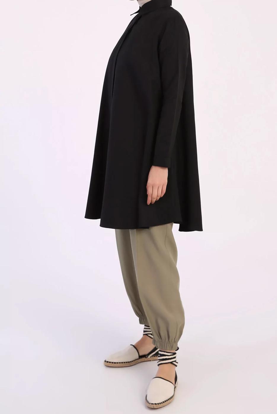 Tesettür giyim SİYAH GENİŞ KESİM GİZLİ DÜĞMELİ TUNİK 82805 