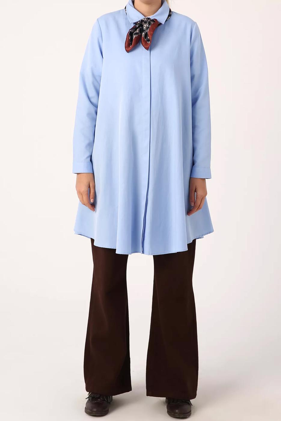 Tesettür giyim MAVİ GENİŞ KESİM GİZLİ DÜĞMELİ TUNİK 82805 